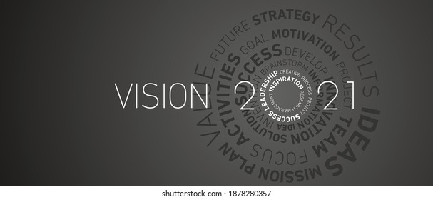 Vision 2021 New Year modern abstract circle word cloud text white shining bold light typography black greeting card banner
