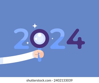 vision in 2024. analysis and research. prospects and opportunities. happy new year 2024. illustration of a hand holding a magnifying glass and the number 2024. blue background. design elements. modern