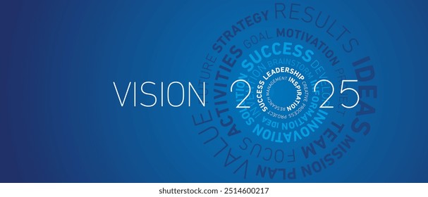 Visão 2025 Ano Novo Ano abstrato roda círculo palavra nuvem texto branco e azul brilhante luz tipografia azul cartão de saudação banner