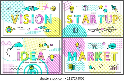 Vision as ability for unusual thinking, start up with launched rocket, idea and market posters collection, business concepts set vector illustration