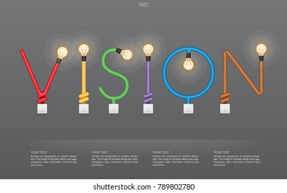 "VISION" Abstract linear alphabet of light bulb and light switch on gray background. Lamp and switch with area for infographic and text. Vector illustration.