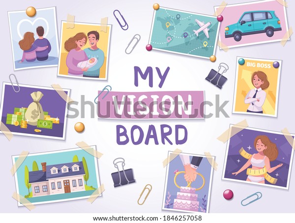 Vision board cartoon poster with travel and\
family symbols vector\
illustration