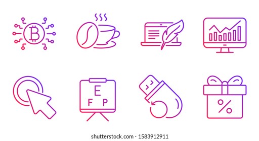 Vision board, Coffee cup and Bitcoin system line icons set. Copyright laptop, Click here and Statistics signs. Flash memory, Discount offer symbols. Eye check, Roasted bean. Business set. Vector