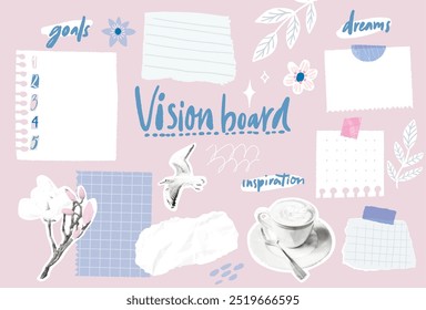 Vision board collage template, dreams and goals inspirational notes, taped to wall with decorative skotch. Halftone cutout magazine photos of coffee, dird and magnolia flower.