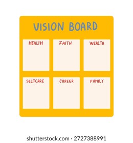 Vision board collage, torn paper memo, taped notes on the yellow wall. Scrapbook journal affirmation and inspiration page.