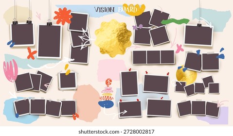 Collage de tablero de visión con notas de papel rotas pegadas en la pared. Estilo de diario de recortes con afirmaciones, Elementos de inspiración. Fondo de memo creativo para la motivación, planificación, objetivos, diseño de estilo de vida.