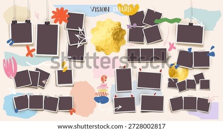 Vision board collage with torn paper notes taped on wall. Scrapbook journal style with affirmations, inspiration elements. Creative memo background for motivation, planning, goals, lifestyle design.