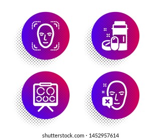 Vision board, Face detection and Medical drugs icons simple set. Halftone dots button. Face declined sign. Eye check, Detect person, Medicine bottle. Identification error. Healthcare set. Vector