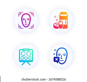 Vision board, Face detection and Medical drugs icons simple set. Button with halftone dots. Face declined sign. Eye check, Detect person, Medicine bottle. Identification error. Healthcare set. Vector
