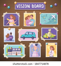 Vision board with future achievement planner symbols cartoon vector illustration