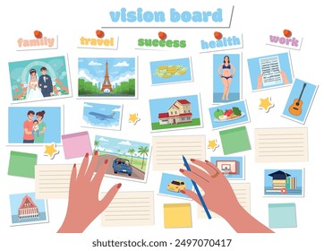 Vision board with hands. Wish board with pictures. Visualization of all aspects of a person. Family, travel, success, finances, health, work and hobbies. Vector illustration in flat cartoon style.