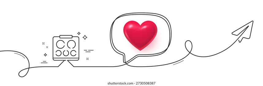 Icono de línea de tablero de visión. Línea continua con plano compartido. Signo de la clínica ocular oculista. Símbolo de optometría. Corazón 3D en la burbuja del discurso. Tablero de visión cinta de una sola línea. Patrón de curva de bucle. Vector