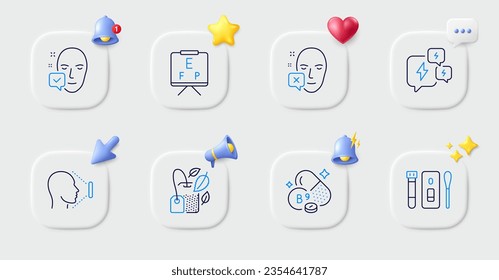 Vision board, Mint bag and Face accepted line icons. Buttons with 3d bell, chat speech, cursor. Pack of Folate vitamin, Face id, Stress icon. Covid test pictogram. For web app, printing. Vector