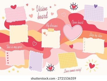Vision board with notes, hearts and inspirational elements. Vector illustration for Valentines day, planning, love story, memo and visual organization.