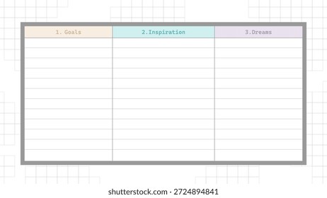 Vision board planner template with goals inspiration dreams columns grid