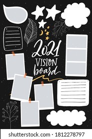 Vision Board Template With Place For Goals, Lists, Photos And Inspiration. Dream Collage For Teens, Nursery Poster Design. Journal Page For Planning, New Year Resolutions In 2021.