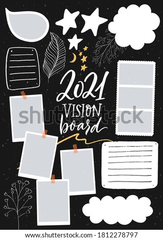 Vision board template with place for goals, lists, photos and inspiration. Dream collage for teens, nursery poster design. Journal page for planning, new year resolutions in 2021.