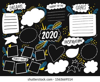 Vision Board Template With Space For Goals, Dreams List, Travel Plans And Inspiration. Collage Frames For Teens, Nursery Poster Design. Journal Page For Planning, New Year Resolutions Chalkboard 2020