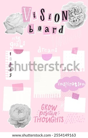 Vision board vertical poster, trendy collage mixof flowers and scrapbooking paper pieces, taped notes and inspirational quote