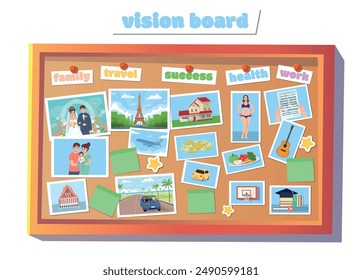 Vision board. Wish board with pictures. Visualization of all aspects of a person. Family, travel, success, finances, health, work and hobbies. Vector illustration in flat cartoon style.