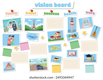 Vision board. Wish board with pictures. Visualization of all aspects of a person. Family, travel, success, finances, health, work and hobbies. Vector illustration in flat cartoon style.