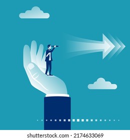 Vision business concept. Successful businessman looking in telescope, seeing future. Vector design. Isolated on background. Spyglass in hand. Search solution. Forward looking person. Miniature people