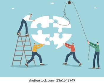 Сommon vision for business development, cooperation and agreement in achieving goals, teamwork to achieve high results, association and merger, businessmen putting together puzzle in form of thought.