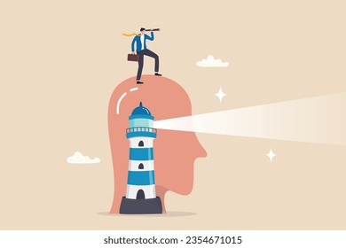 Vision, business discovery or searching for success, challenge to see future guidance, looking for career path or strategy concept, businessman look on telescope, head with lighthouse guidance light.