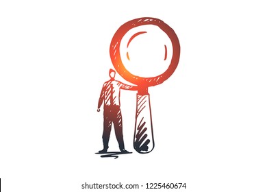 Vision, business, looking, corporate, planning concept. Hand drawn businessman with magnifying glass concept sketch. Isolated vector illustration.