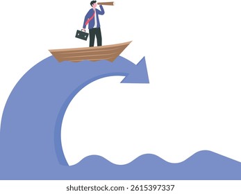 vision and business risks. a businessman puts on a robe and stands on a boat above the sea of arrows.


