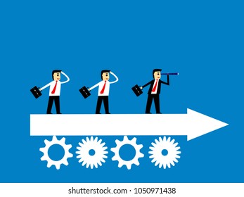 vision of business,Businessman standing on an arrow with a gear,business concept