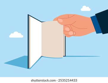 Visión de un hombre de negocios frente a un libro con páginas en blanco. El siguiente paso es aprender a hacer negocios para una inversión. Ilustración vectorial plana