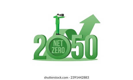 Vision businessman graph up in the year 2050. A nationally determined contribution, Net Zero emissions, Global Goal, Carbon footprint, World environmental policy, green and climate transition concept.