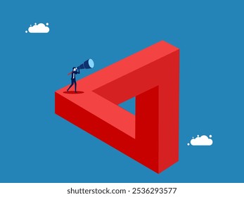Vision. Businessman Looking Through Binoculars on Penrose Triangle 
