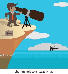Vision of businessman on high cliff  looking through the telescope at oil rig in the sea below. Concept cartoon on vector tenth version encapsulated postscript.
