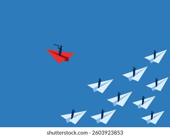 Vision, the businessman riding a paper plane stands out from the crowd