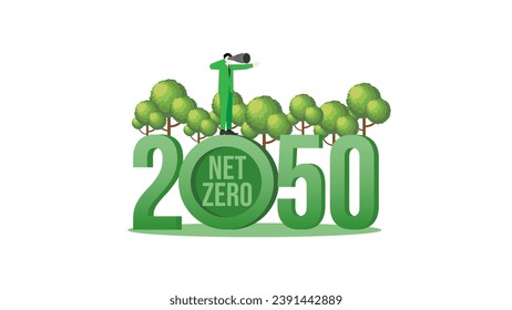 Vision businessman and tree in the year 2050. A nationally determined contribution, Net Zero emissions, Global Goal, Carbon footprint, World environmental policy, green and climate transition concept.