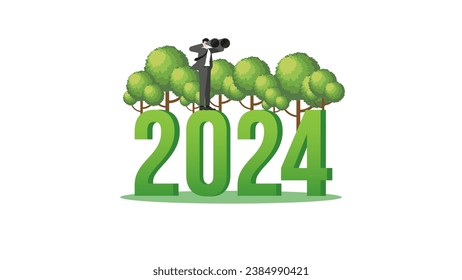 Vision businessman uses binoculars on 2024 and tree forest. ESG policy, plant a tree, Net zero carbon footprint emission, Sustainability and idea of Environmental Sustainable Development.
