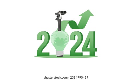 Vision businessman uses binoculars on 2024 and the world light bulb. ESG policy, plant a tree, Net zero carbon footprint emission, Sustainability and idea of Environmental Sustainable Development.