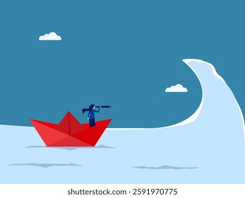 Vision, Businesswoman looking at telescope on sea waves.