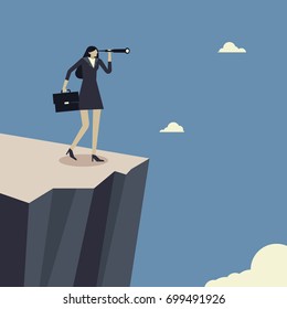 Vision . Businesswoman standing on cliff edge and looking success. Business concepts in vector.
