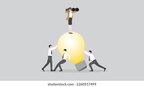 A vision businesswoman uses binoculars on a big light bulb, teamwork support. Business ideas, problem-solving from the financial crisis, economic downturn, Global recession, and inflation concept