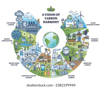 Vision of carbon harmony or CO2 pollution balance outline collection diagram. Labeled educational scheme with nature friendly dioxide capture, removing or recycle for clean future vector illustration