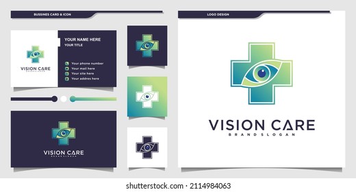 Vision care logo with modern eye care logo design concept and business card Premium Vector