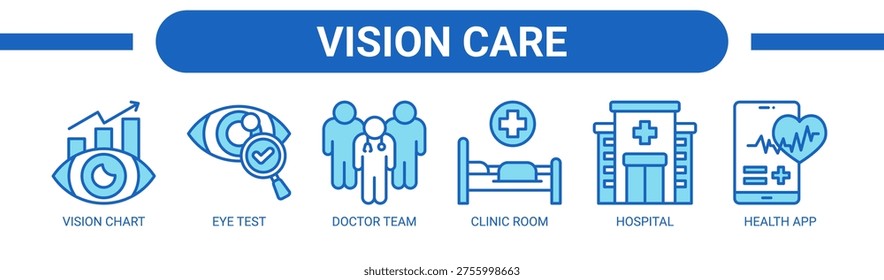 Vision Care web banner icon vector illustration concept with icons of vision chart, eye test, doctor team, clinic room, hospital, and health app.