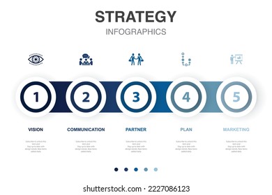 Vision, Kommunikation, Partner, Plan, Marketingsymbole Infografische Design-Vorlage. Kreatives Konzept mit 5 Schritten