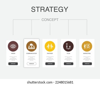 visión, comunicación, socio, plan, marketing, iconos Plantilla de diseño de línea de tiempo de infografía. Concepto de presentación creativa con 5 pasos