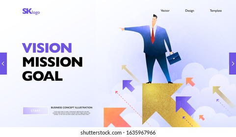 Vision concept banner. Businessman standing on the golden arrow sign looking forward to the future goal. Business vector illustration.