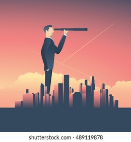 Vision concept in business with vector icon of businessman and telescope, monocular with corporate skyline cityscape background. Symbol leadership, strategy, mission, objectives. Eps10 vector.