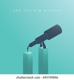 Vision Concept In Business With Vector Icon Of Businessman And Telescope, Monocular. See The Big Picture. Symbol Leadership, Strategy, Mission, Objectives. Eps10 Vector Illustration.